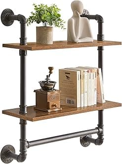 Industrial Pipe Shelf Bracket, 2 Tiers Retro Wall Mounted Floating Shelf, Wood Look DIY Storage Shelving Bookshelf, UHRF-TM014