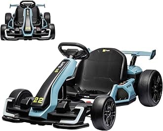 24V Electric Go Kart for Kids，Powerful Drift Kart with Adjustable Seat, 2x150 Motor, 8.5 Mph Speed, 4 Speed Modes, Led Lights,Music, and Honking Horn for Ages 6-12,Blue