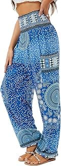 QIANXIZHAN Women's Harem Pants, High Waist Yoga Boho Trousers with Pockets, Circle Blue, Small
