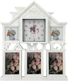 Plastic Family Design Multi Pictures Collage Photo with Time Clock, Wall Mount Display, White , 1-Pc