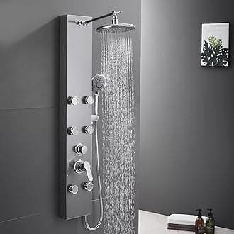 ROVATE Shower Panel Tower System 304 Stainless Steel, Shower Panels System with Adjustable Rainfall Shower Head, 6 Body Massage Jets and 5 Functions Handheld Shower, Brushed Stainless Steel