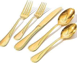 KINGSTONE 20 Piece Teardrop Silverware Set for 4, 18/10 Stainless Steel Flatware Set, Modern Design Cutlery Set for Home/Hotel/Wedding,Mirror Polished and Dishwasher Safe, Gold
