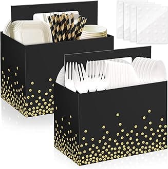 2PCS Black and Gold Utensil Holder Disposable Utensil Caddy for Birthday Party Supplies Cutlery Holder with Handles for Birthday Party Decorations Cutlery Caddy for Cups Spoons Forks Napkins Plates