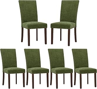 COLAMY Upholstered Parsons Dining Chairs Set of 6, Fabric Dining Room Kitchen Side Chair with Nailhead Trim and Wood Legs - Green