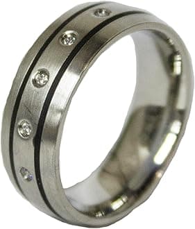 Men's Stainless Steel Dress Ring Black Enamel Channel and CZ 069