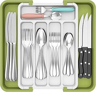 Lifewit Cutlery Drawer Organiser, Extendable Cutlery Tray,8 Compartment, Kitchen Utensil Drawer Organiser for Spoons Forks Knives, Green& White