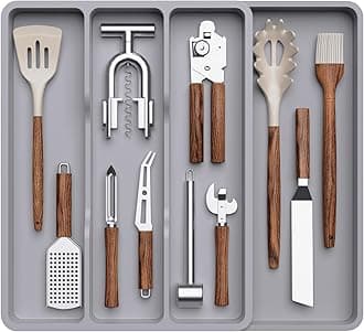 Lifewit Utensil Drawer Organiser, Extendable Cutlery Tray for Kitchen, Adjustable Cooking Silverware Flatware Holder, Plastic Kitchen Spatula Tools and Gadgets Storage Divider, 30-44x40cm, Grey