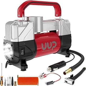 - UUP Tire Inflator Air Compressor, 150PSI 12V DC Double Cylinders Heavy Duty Portable Air Pump w/Emergency LED Light for Truck, SUV, Car, RV (red)