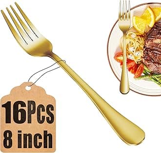 16 Piece Gold Dinner Forks Set, Food-Grade Stainless Steel Silverware Forks, Cutlery Fork, Metal Fork for Home, Kitchen or Restaurant, Mirror Polished, Dishwasher Safe - 8 Inch