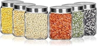 Vency Piramal Glass Cubical Square Transparent Glass Jars & Containers for Kitchen Pantry, Snacks, Masala, Jams, Pickles, Cookies, Dry Fruits, Coffee Beans Storage with Lid (600ml, Set Of 6)