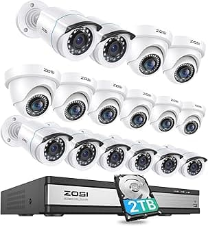 ZOSI H.265+ 1080p 16 Channel Security Camera System, 16CH DVR with AI Human Vehicle Detect, 12 x 2MP Weatherproof Surveillance CCTV Bullet Dome Camera Outdoor, Night Vision, Remote Access, 2TB HDD