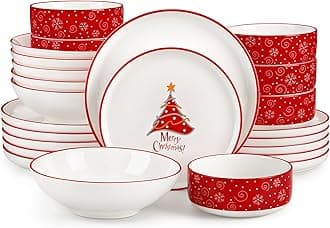MALACASA 24-Piece Christmas Tree Plates and Bowls Set for 6, Ceramic Dinner Sets with Dinner Plates/Dessert Plates/Soup Bowls/Cereal Bowls, Holiday Crockery Set Dining Set Tableware for Entertaining