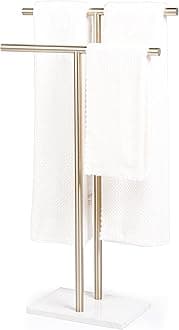 Free Standing Towel Rack for Bathroom - Satin Gold Finish - Stand Alone 2 Tier Stainless Steel Towel Rack for Bathroom Floor with Heavy Marble Base, Double T Shape Drying Stand for Towels