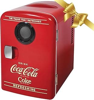Coca Cola Mini Fridge - Refrigerator for Bedroom Skincare Office, Portable Table Top Beverage Cooler 12V DC/220V AC Refrigerador For Drink, Soda, Wine, Use In Car, Dorm, Patio, Bluetooth, 6 Can