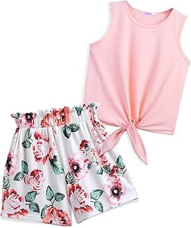 Girl's 2 Piece Outfits Tie Knot Tank Top and Paperbag Waist Pocketed Summer Short Sets