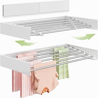 Vikaqi Wall Mounted Clothes Drying Rack 40 inches, Foldable Wall Mount Laundry Rack Folding Indoor, Drying Rack Clothing Collapsible, Hidden Space Saver with Wall Template, 6 Rods, White
