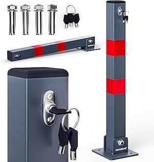 – DEUBA® Car Security Barrier for Driveways | Telescopic Parking Space Bollard | Retracts Down to 7.5cm | 3 Keys | Pre-Drilled Base Plate, Reflective Strips