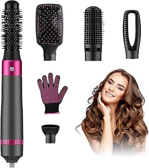 5 in 1 Ionic Hot Brush Hair Styling Dryer with Interchangeable Head Volumizer for Drying, Straightening, Curling