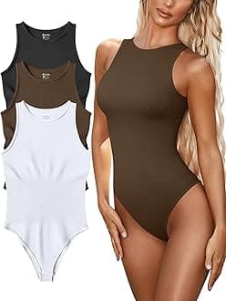 FUNNYBSG Women’s Sexy Ribbed Bodysuit Tops - 3 Piece Sleeveless Halter Neck Bodysuits with Tummy Control (Color : Black Coffee White, Size : S)