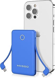 - 6000mah Ultra Slim Built in Cables Power Bank, Card Size Built in USB C Cords Battery Pack Portable Charger for Phones, 3 Output External Battery Pack Compatible with iPhone, Deep Blue