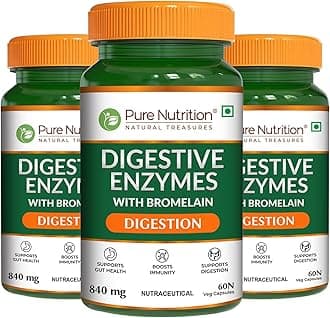 Pure Nutrition Digestive Enzymes 665mg with Bromelain - 180 Veg Capsules (60x3) | Supports Digestion, Nutrient Absorption & Gut Health | Blend of Amylase, Lipase, Protease, Cellulase & Lactase | Eases Gas & Bloating