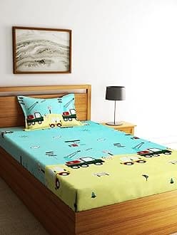 Home Sizzler 144TC Kid's Truck Light Green Single Bedsheet with 1 Pillow Cover