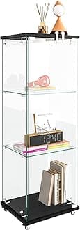 Modern Glass Display Cabinet 3-Shelf with LED Light, Lock and Wheels, 1 Door Curio Cabinets, Tempered Glass Collection Display Showcase for Living Room Home Office,Black