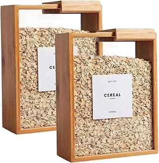 2Pcs Cereal Containers Storage, 9.1x6.8x3.2 Inch Bamboo Rice Dispenser with Removable Lids, Clear Flour Storage Containers for Kicthen