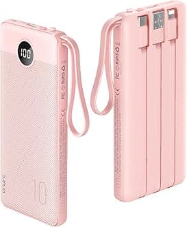 VRURC Portable Charger 10000mAh, Slim LED Display Power Bank, 5 Output 2 Input Cell Phone Battery Pack, Built-in Micro & USB C Cables Phone Charger Compatible with iPhone,Samsung,Android etc-Pink