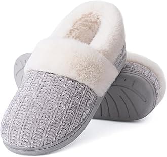 EvshineWomen's Fuzzy Memory Foam Closed Back Slippers Chenille Knit Fleece Lined House Shoes