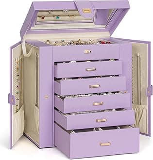 AKOZLIN Extra Large 6-Tier Jewelry Box Organizer Functional Huge, 5 Drawers Leather Jewelry Storage Case for Women Girls Ring Necklace Earring Bracelet Holder Organizer with Mirror Violet