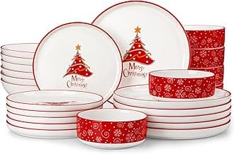 MALACASA Plates and Bowls Sets, 24 Pieces Christmas Porcelain Dinnerware Set for 6, Ceramic Dishware Dishes Kitchen Dining Ware Set, Microwave and Dishwasher Safe, Series LUNA-Christmas Tree