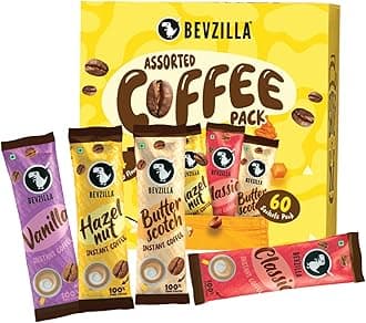 60 Instant Coffee Sachets (4 Flavours) – 120g | Hazelnut, Classic, Vanilla & Butterscotch | 15 sachets each | Arabica Coffee | Perfect for hot & cold drinks