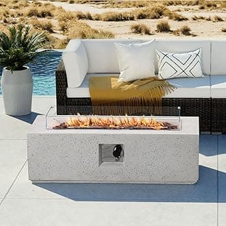 Outdoor Propane Fire Pit Coffee Table, 42-inch x 13-inch Terrazzo Rectangle Base Patio Heater w Certified, 50,000 BTU Stainless Steel Burner, Wind Guard, Free Lava Rocks and Rain Cover