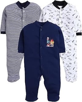 100% Cotton Rompers Sleepsuits Jumpsuit Night Suits for Infants Newborn Baby Boys & Girls Pack of 3 (0-3 Months, Yellow) (9-12 Months, Navy)