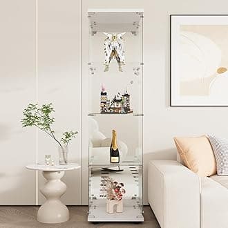 Beauty4UGlass Display Cabinet with Mirror Back Panel, 4 Shelves, Curio Cabinets for Living Room, Bedroom, Office, White Floor Standing Glass Bookshelf, Quick Installation