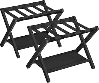 SONGMICS Luggage Rack, Set of 2, Folding Suitcase Stand with Storage Shelf, for Guest Room, Hotel, Bedroom, Heavy-Duty, Holds up to 131 lb, Ink Black URLR007B02