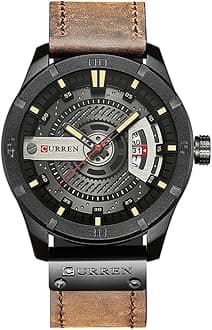 Men Quartz-Analog Watches Military Sport Black Wristwatch Leather Band (Black Brown)