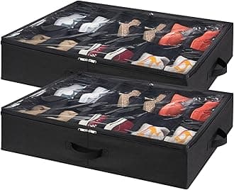 Lifewit Under Bed Shoe Storage Organizer Set of 2, 4.3 Inches Tall Low Profile Fabric Shoes Container Box with Clear Cover, Foldable Storage Bag with 2 Handles, Total Fits 24 Pairs of Shoes, Black