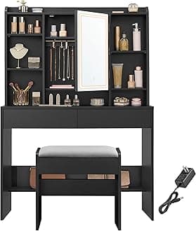 VASAGLEVanity Desk with Mirror and Lights, Makeup Vanity with Upholstered Vanity Stool, Dimmable LED Lights, Adjustable Shelves, 7 Compartments, 2 Drawers, for Bedroom, Ink Black URDT131B01