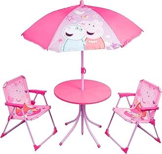 Peppa Pig Pink Patio Set Kid's Garden Furniture 4-Piece Kids Patio Set With Table, 2 x Chairs, Adjustable Parasol Cartoon Design For Children (Peppa Pig)