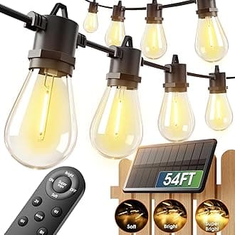 addlon 54FT(48+6) Solar String Lights Outdoor Waterproof with USB Charging & Remote Control - Dimmable Solar Power Patio Lights with LED Bulbs for Porch, Garden, Yard, Market, Bistro - Last for 20+Hrs