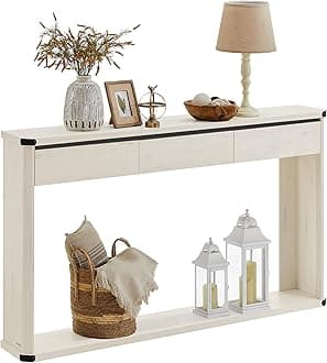 VASAGLE Console Table, 47.2 Inches Sofa Table, Narrow Entryway Table, Entry Table with 3 Drawers, Bottom Shelf, Metal Corners, for Living Room, Bedroom, Farmhouse Style, Rustic White ULNT143W73