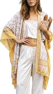 Women's Beach Cover up Swimsuit Kimono with Bohemian Floral Print, Loose Casual Resort Wear