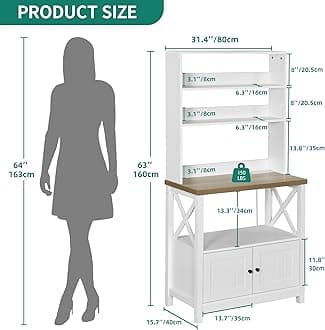 YITAHOME 5 Tier Kitchen Bakers Rack with Power Outlet, Bakers Racks for Kitchens with Storage Microwave Oven Stand with Storage Shelves, Standing Kitchen Utility Storage Shelf with Cabinet, White