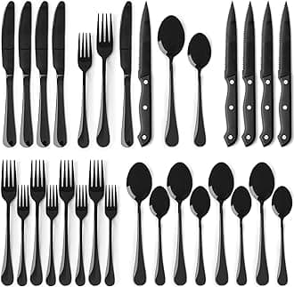 24-Piece Black Silverware Set with Steak Knives Flatware Set for 4 Food-Grade Stainless Steel Cutlery Set Mirror Polished Utensils Set Include Spoons and Forks for Home Kitchen Restaurant