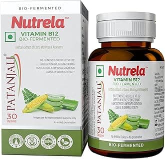 NUTRELA Patanjali Vitamin B12 Biofermented Plant Based Supplement for Men & Women with Moringa and Alovera Extract - 30 Veg Capsules (Pack Of 2)