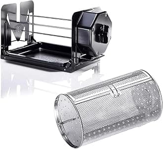 Cordless Rotisserie Kit w/Tumble Basket - Stainless Steel, Non-Electric - For Grills, Ovens, Smokers - Gas/Charcoal BBQ, Kamado Joe, Green Egg, Kettle - Indoor/Outdoor Use (Black)