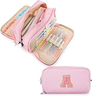 Extra Large Capacity Pencil Case 3 Compartment Initial Pencil Pouch Personalized Cute Aesthetic Stationery Pen Case Bag for School Teen Girl Boy Men Women Gift (A, Pink)