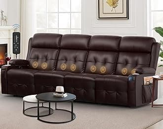Reclining Couch, 113" PU Leather Sofa Recliner with Massage - 4 Seat Home Theater Seating Comfy Soft, Manual Wall Hugger Reclining with Lumbar Support Sofa Set for Family Living Room, Brown